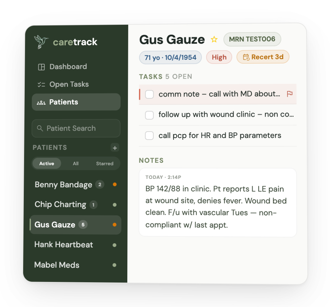 Caretrack dashboard preview with patient details, tasks, and notes